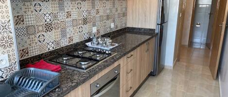 Fridge, oven, stovetop, electric kettle