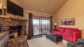 TV connectée, cheminée, lecteur de DVD, livres