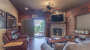 Smart TV, chimenea, reproductor de DVD y libros