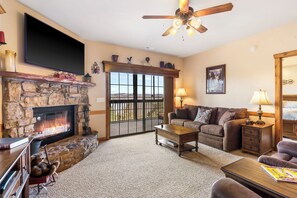 Smart TV, chimenea, reproductor de DVD y libros 