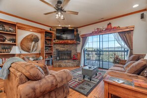 Smart TV, fireplace, DVD player, books