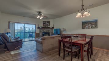 Smart TV, fireplace, DVD player, books