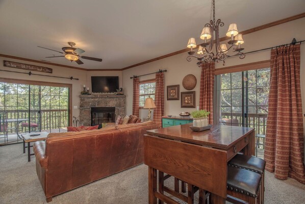 Älytelevisio, takka, DVD-soitin, videokirjasto