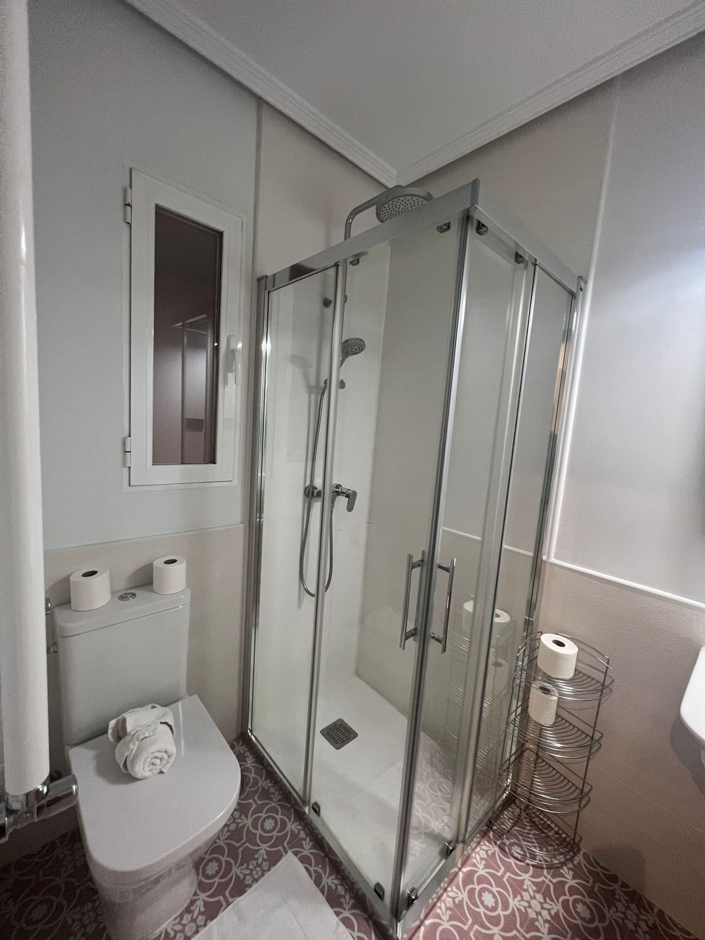 Une salle de bain avec une douche à parois de verre, des toilettes et un miroir.