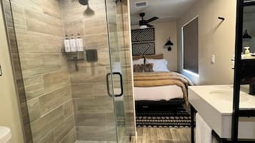 Shower, towels, soap, shampoo