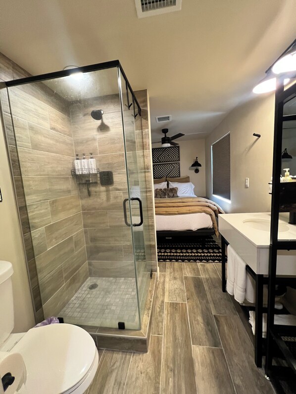 Shower, towels, soap, shampoo