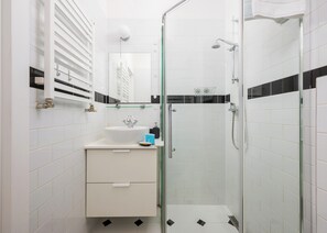 Shower, hair dryer, towels