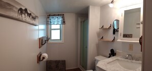 Shower, hair dryer, towels, soap