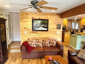 TV connectée, cheminée, lecteur de DVD, table de tennis de table