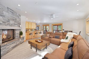 Smart TV, fireplace, books