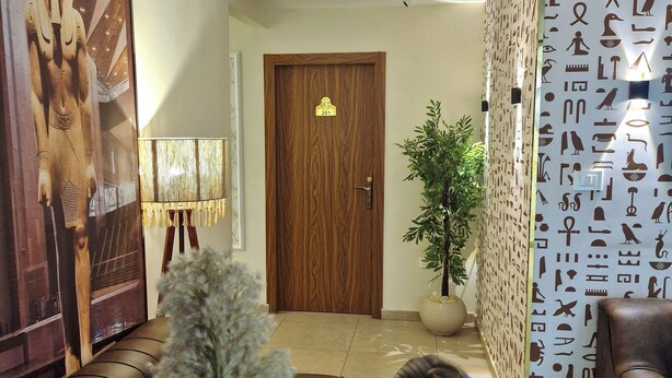 A modern lobby with a wooden door marked '201', a large Egyptian-themed painting, a potted plant, and a wall with hieroglyphics.
