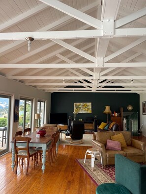 Living area - Big Sky Retreat - beautiful house and glamping yurts overlooking Akaroa Harbour. (French Farm)