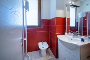 Shower, hair dryer, bidet, towels