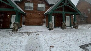 Un chalet en bois avec une allée enneigée et un ciel dégagé.