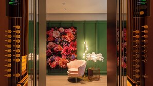 An elevator interior with a floral wall mural, a pink chair, and a standing lamp. - 采寓halo house (Taichung)