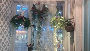 Une pièce d’angle avec un plafond à treillis, une petite table et une fenêtre agrémentée de plantes décoratives et d’objets d’ornement.