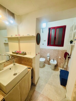 Een douche, een haardroger, een bidet, handdoeken