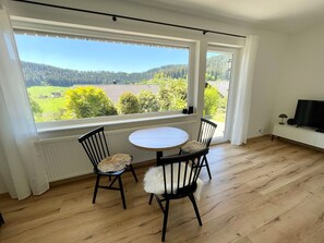 Una habitación con un ventanal grande, una mesa redonda, dos sillas, un televisor sobre un mueble bajo y un radiador.