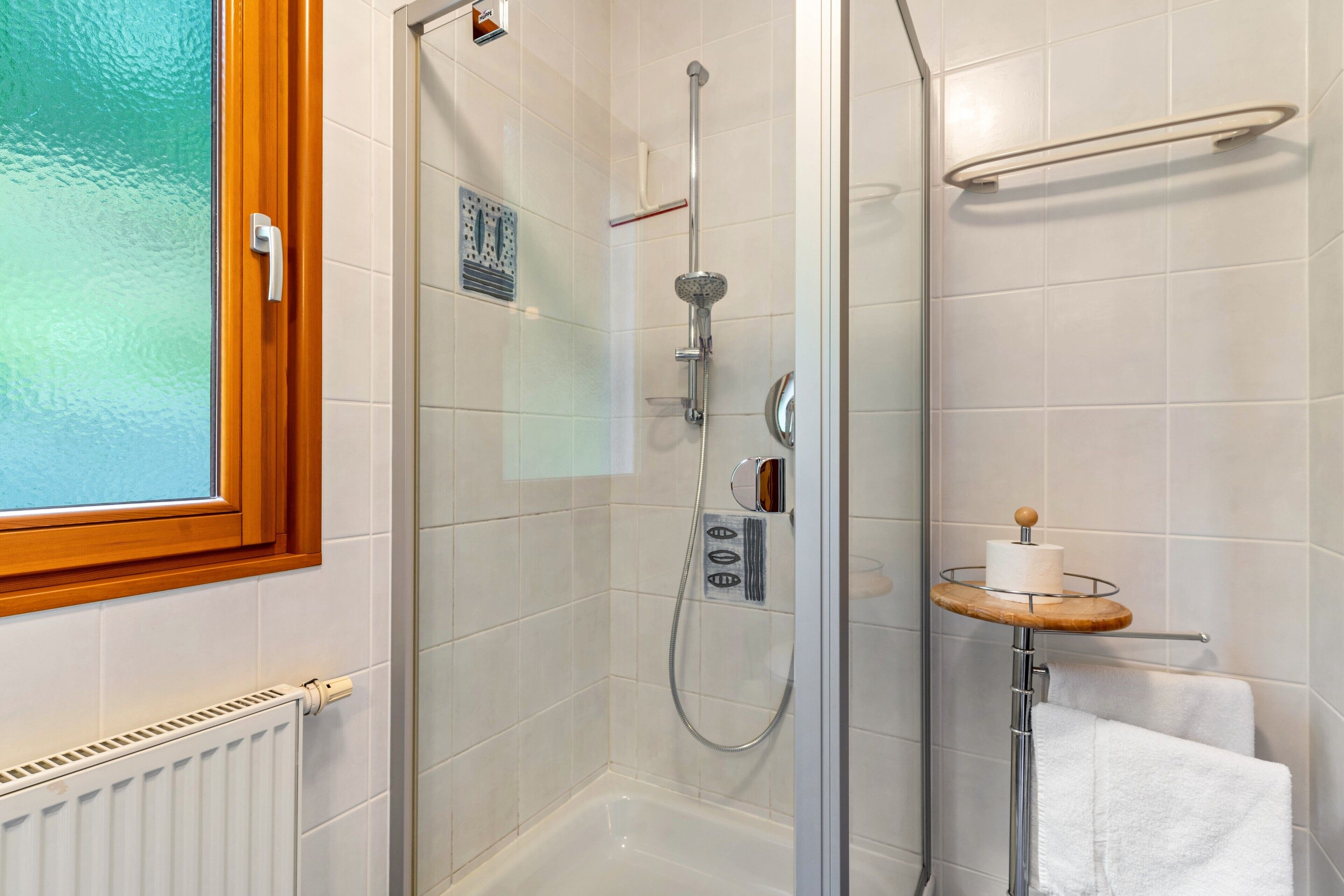 A shower with a glass door, a towel rack, and a toilet paper holder.