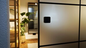 Une pièce dotée d’une porte coulissante, d’une plante en pot et d’un aménagement intérieur moderne.