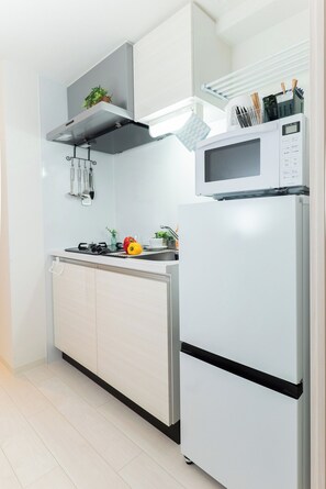Fridge, microwave, stovetop, cookware/dishes/utensils