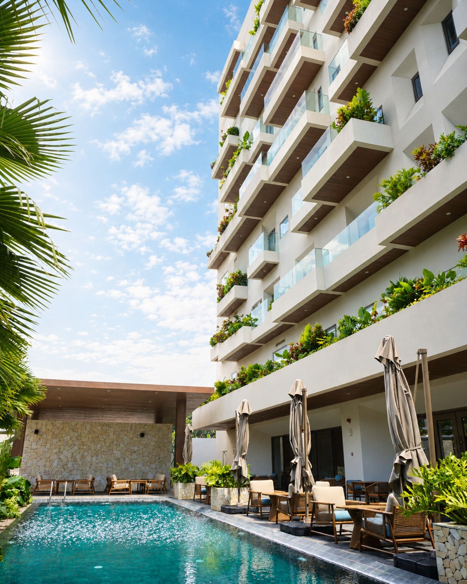 A modern hotel with a swimming pool, outdoor seating, and balconies with plants.