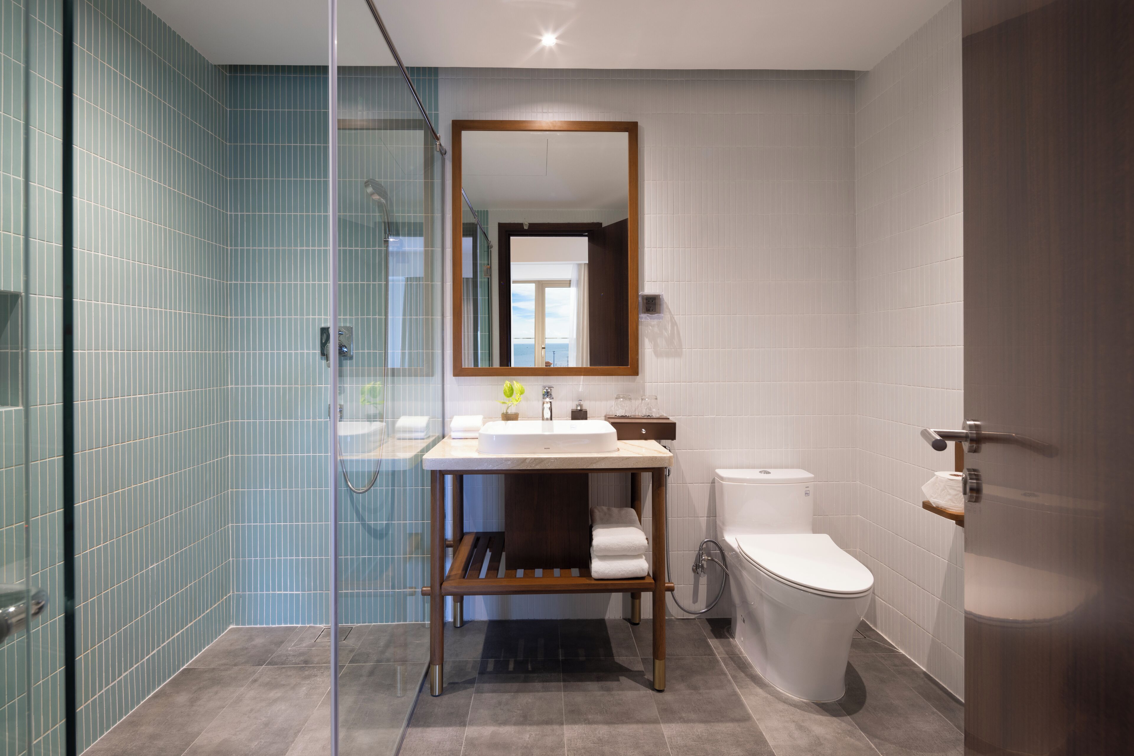 A modern bathroom with a glass shower enclosure, a wooden vanity, a toilet, and a large mirror.