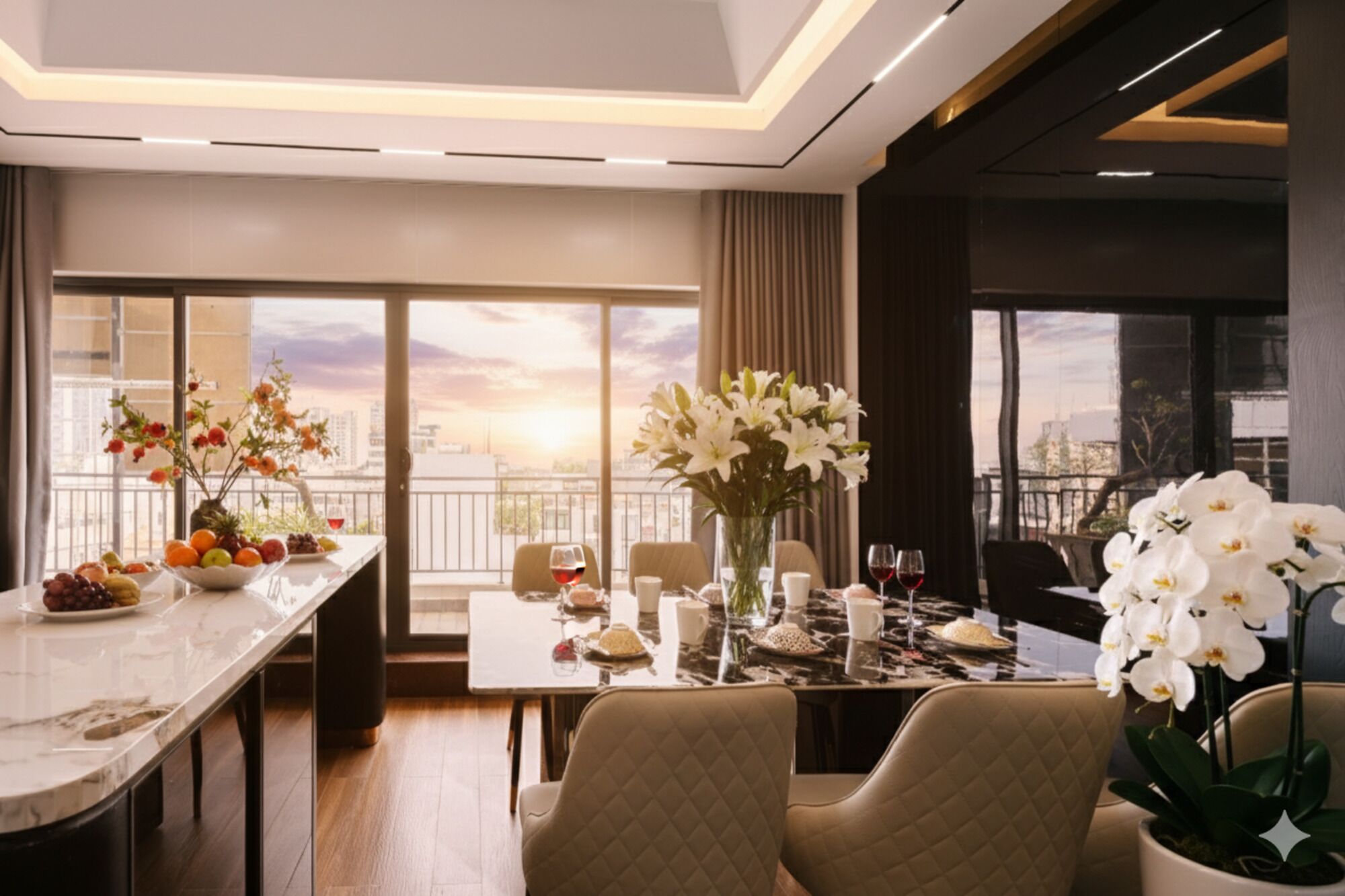 Un espace repas moderne avec une table en marbre, des sièges confortables et de grandes fenêtres offrant une vue sur la ville.