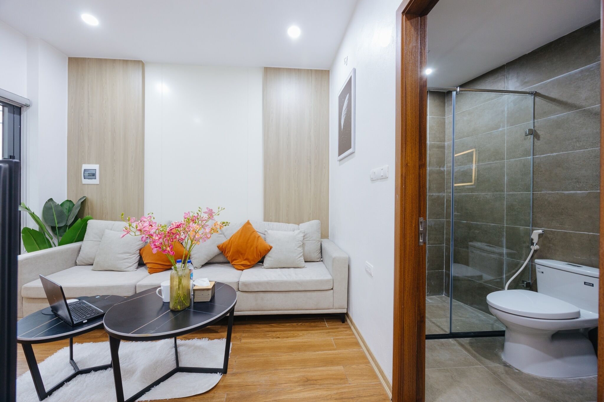 A modern living room with a sofa, coffee table, and a laptop.