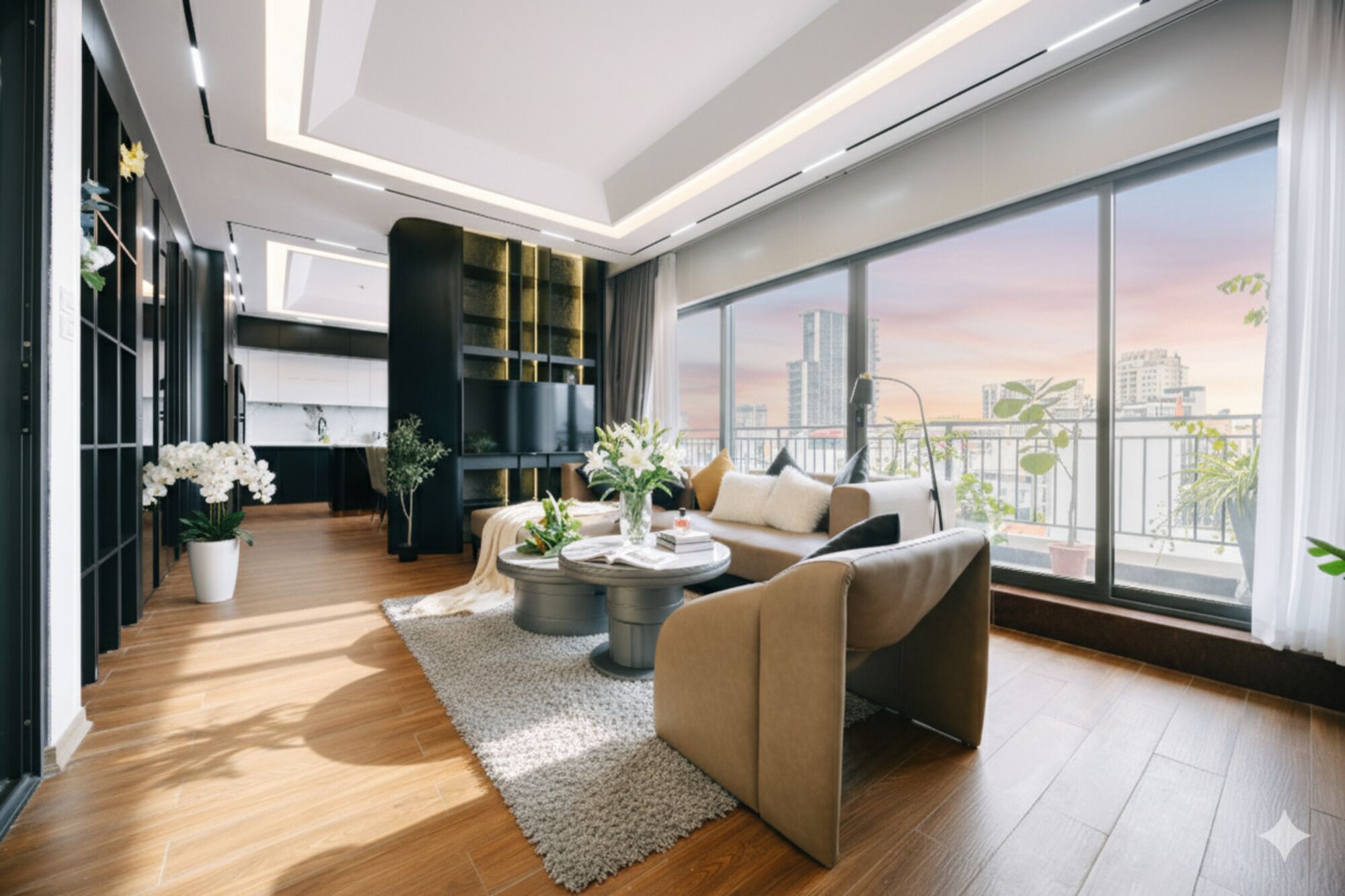 A modern living room with a sofa, coffee table, and a view of the city skyline through large windows.