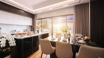 Elite Penthouse, Balcony, City View | Private kitchen | Full-sized fridge