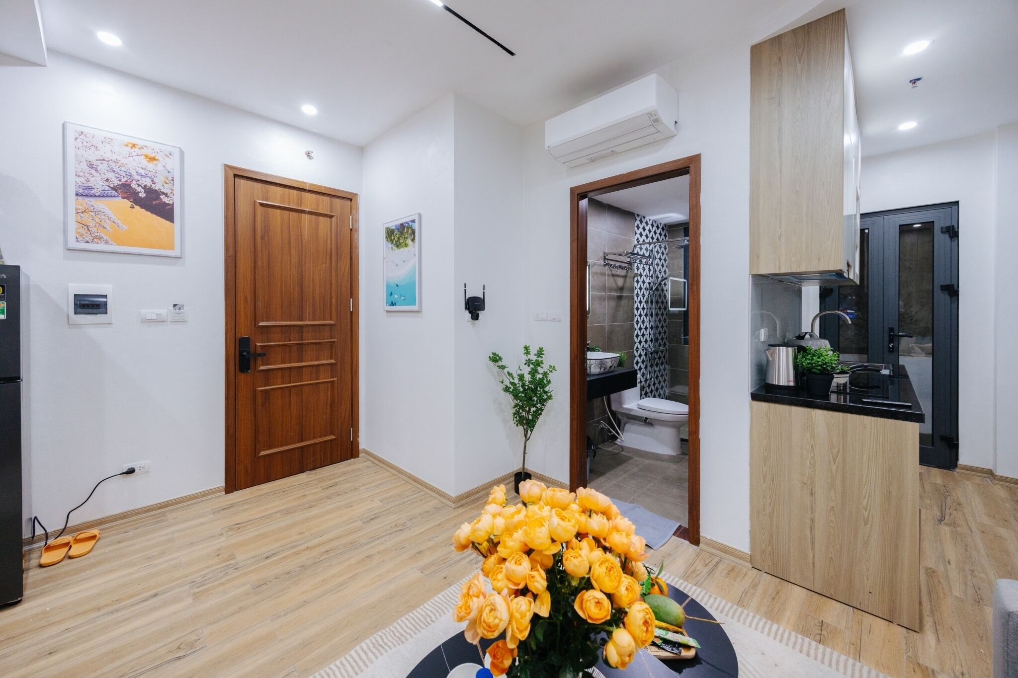 A modern kitchen with a built-in oven and a sink, a wooden door, and a small potted plant.