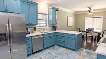 Fridge, microwave, dishwasher, coffee/tea maker