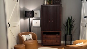 A modern living room with a brown leather sofa, a wooden cabinet, a large potted plant, and a white door with a sliding mechanism.