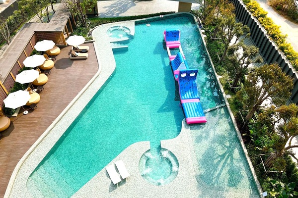 Outdoor pool, pool umbrellas, pool loungers