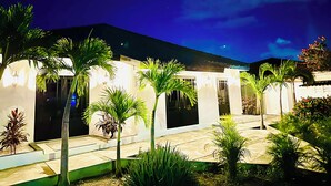 Una moderna casa con facciata luminosa, circondata da palme e un giardino.
