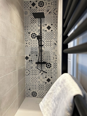 Dusche, Haartrockner, Handtücher, Seife