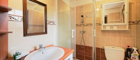 Ein Badezimmer mit Waschbecken, Spiegel, Dusche und Toilette.