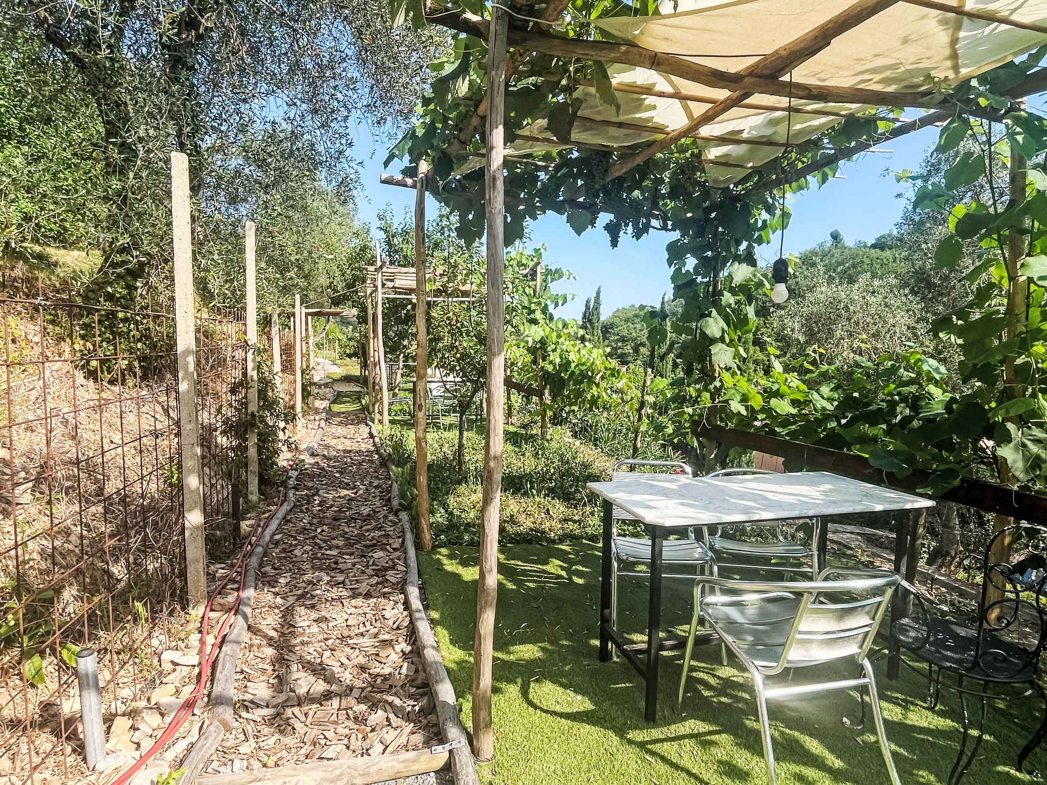Un jardin agrémenté d’une pergola, d’une table et de chaises.