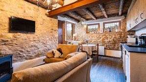 Una habitación acogedora con pared de piedra, sofá, televisión, chimenea y una zona de cocina.