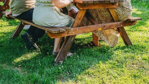 Een groep mensen zit aan een houten picknicktafel buiten, onder een grote parasol.