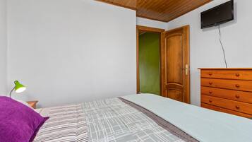 Un dormitorio con una cama, un aparador, un televisor y una puerta verde.