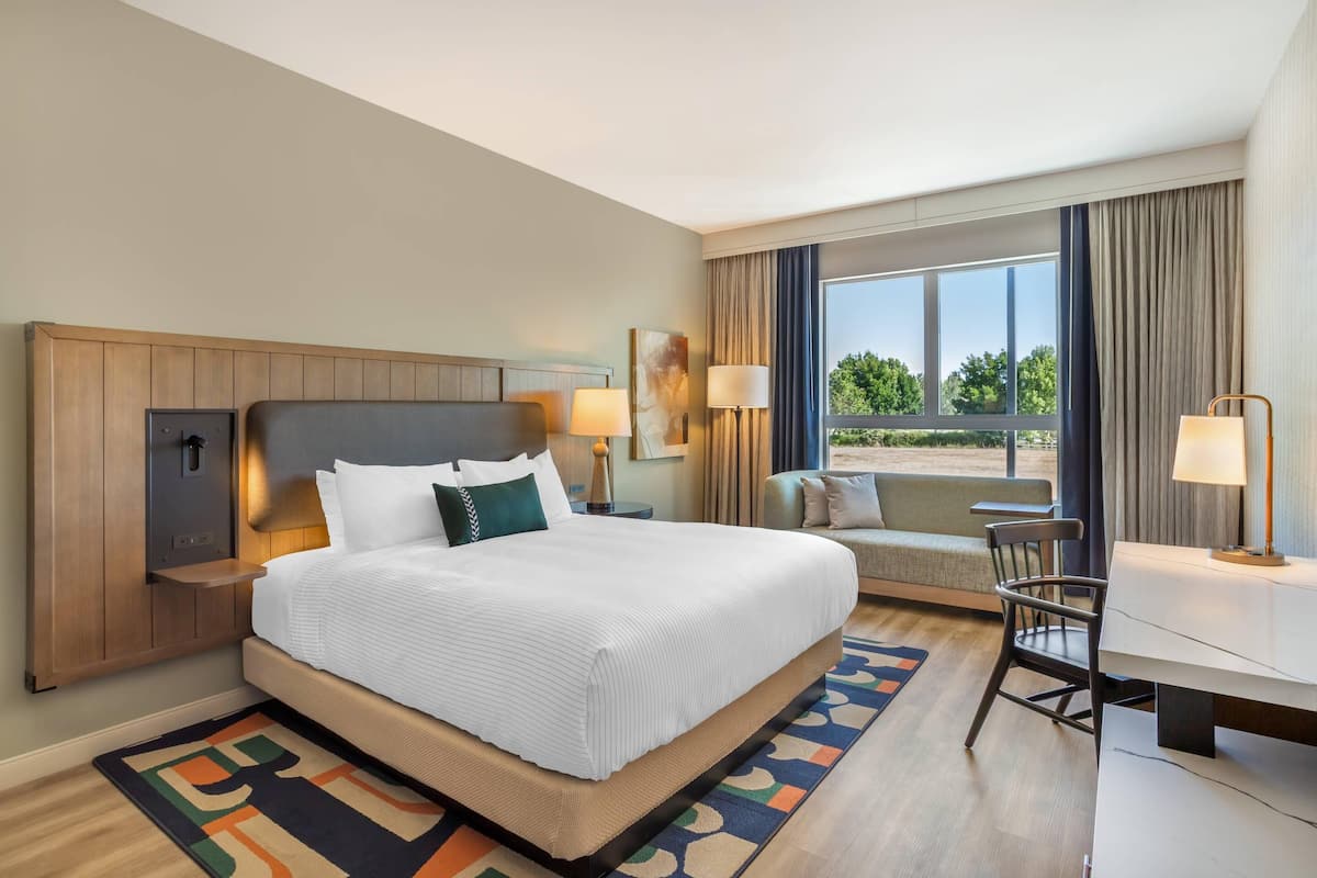 Une chambre d’hôtel avec un grand lit, un bureau, une chaise, un canapé et une vue sur l’extérieur.