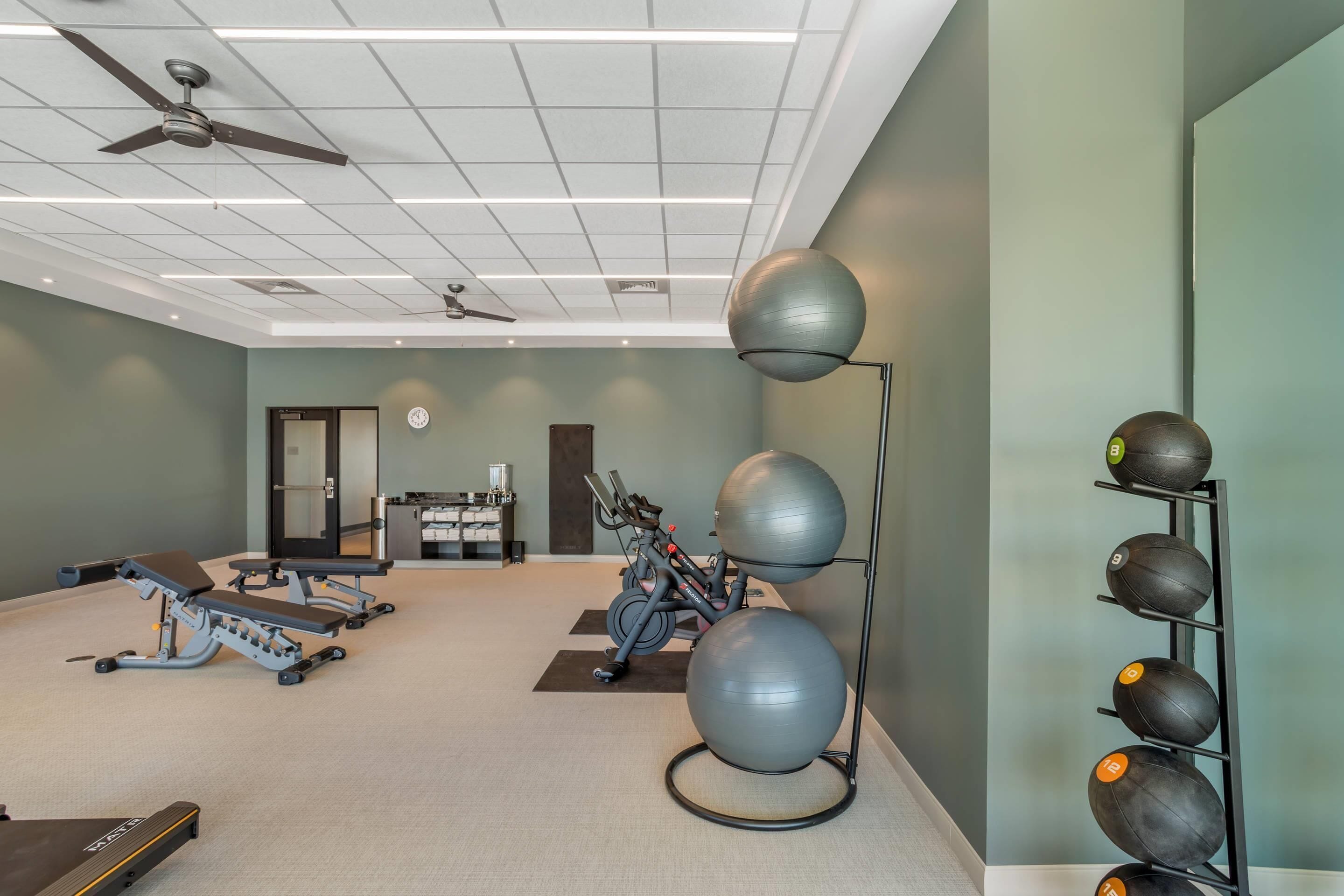 A gym with exercise equipment, a ceiling fan, and a wall-mounted ball rack.