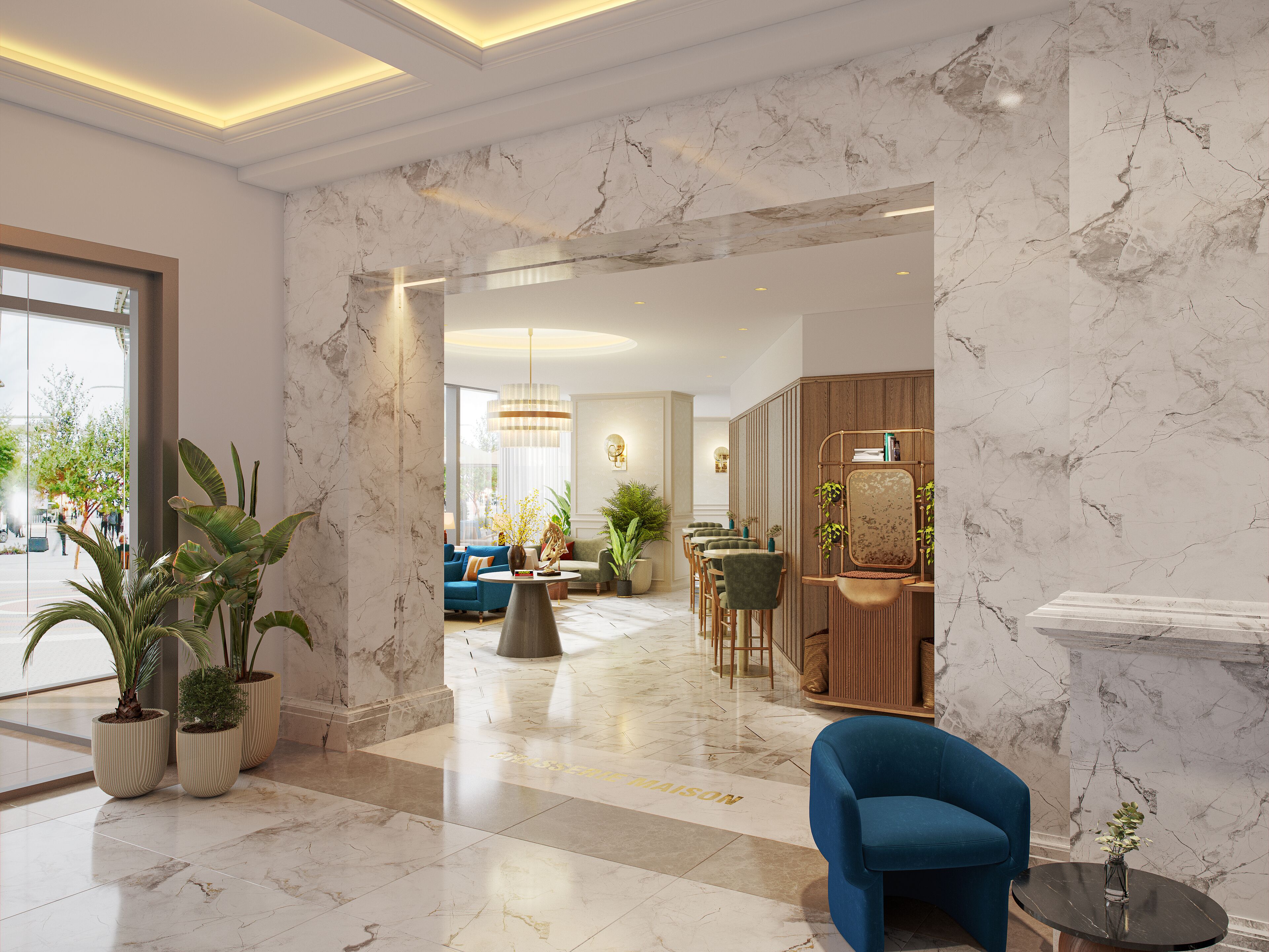 Un moderno vestíbulo de hotel con suelo de mármol, un sillón azul y una zona de comedor con mobiliario de madera.