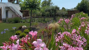 A garden with a wooden pergola, a white building with a staircase, and a variety of flowering plants. - Air-conditioned 3-bedroom villa with terrace, solarium and garden - V0767 (Vias)