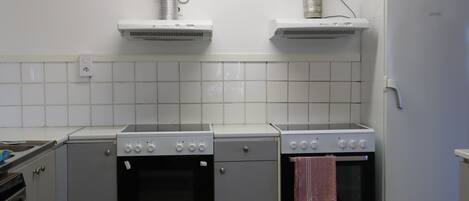 A kitchen with two ovens, a refrigerator, and a vent hood.