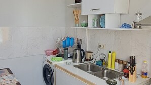 A compact kitchen with a washing machine, a sink, and a stove. - Cozy & Stylish Suite room with a Garden view in Batumi (BATUMI)