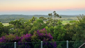 A panoramic view of a landscape with rolling hills, dense greenery, and purple flowering shrubs.