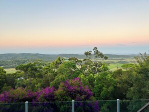 A panoramic view of a landscape with rolling hills, dense greenery, and purple flowering shrubs.